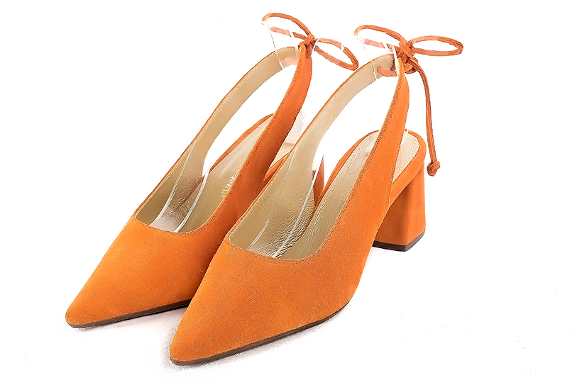 Apricot orange women's slingback shoes. Pointed toe. Medium flare heels. Front view - Florence KOOIJMAN